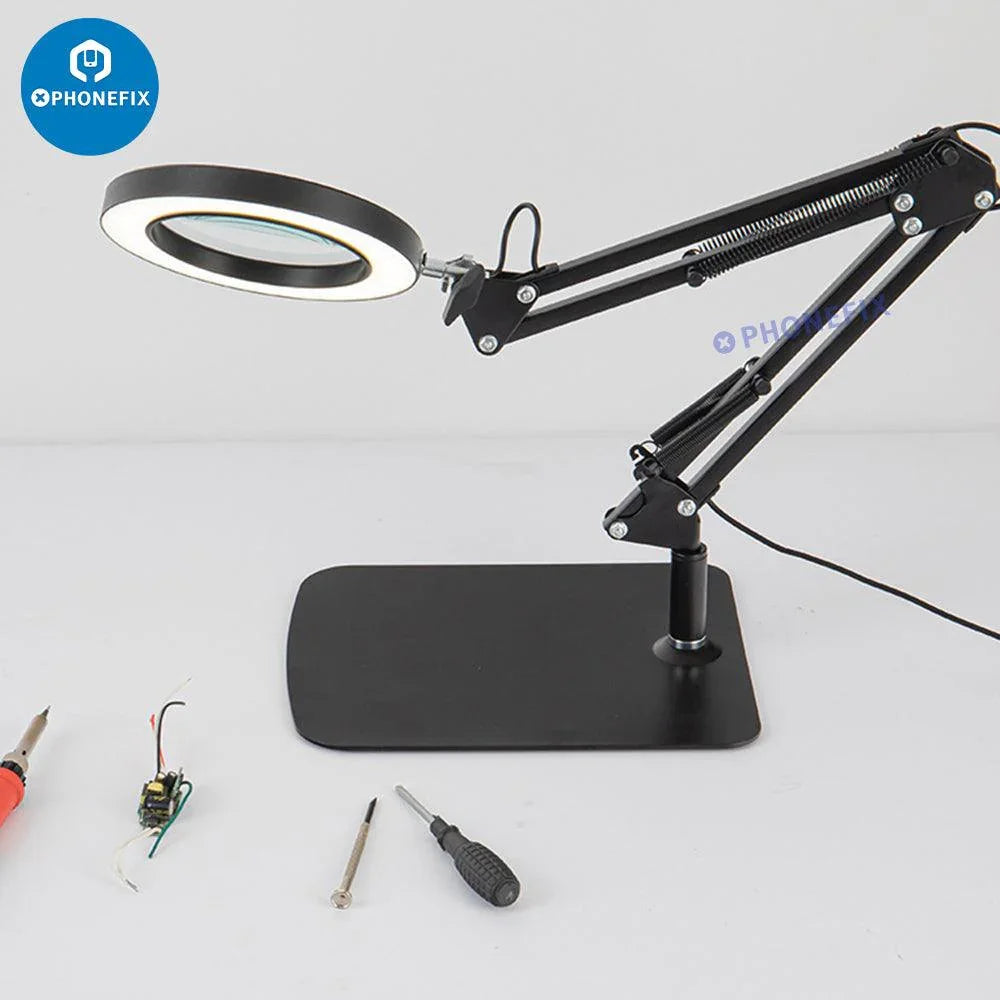 PHONEFIX 30X LED lights magnifying glass soldering magnifier lamp with illuminated lens for detailed work.