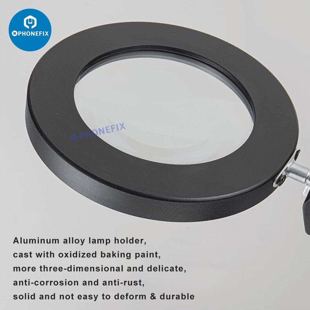 PHONEFIX 30X LED lights soldering magnifying glass with illuminated magnifier lamp showing a close-up view of detailed work.