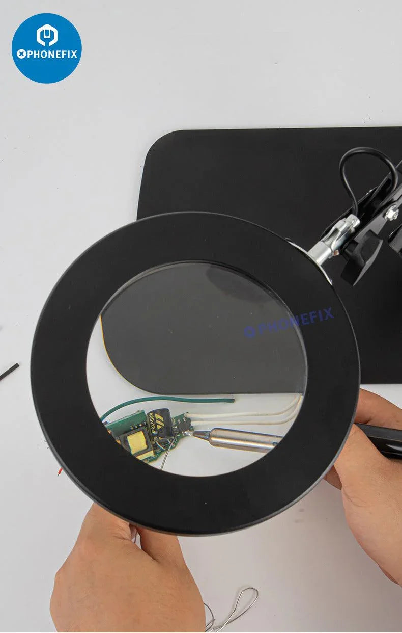 PhoneFix 30X LED lights magnifying glass, illuminated soldering magnifier lamp for detailed inspection and precision work.