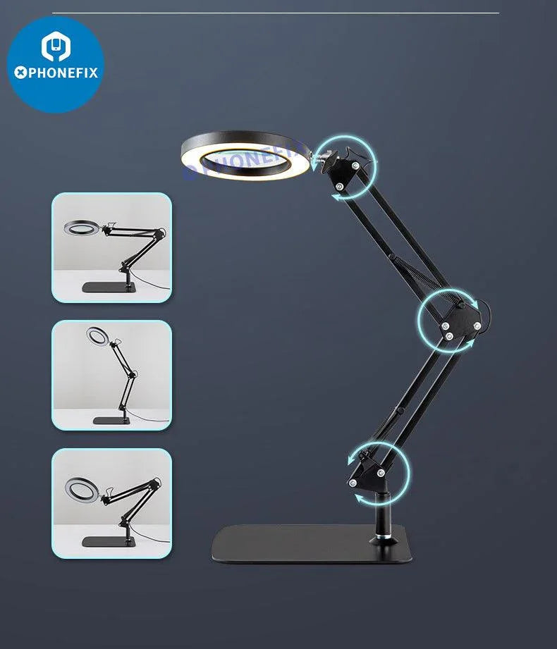 PhoneFix 30X LED lights magnifying glass with illuminated lamp, perfect for detailed soldering and jewelry inspection.