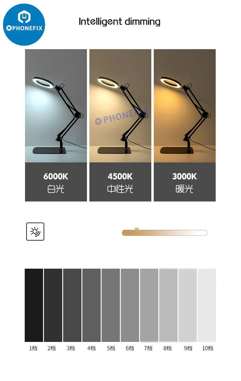 PHONEFIX 30x LED lights magnifying glass with illuminated soldering magnifier lamp, clear view for detailed inspection and tasks.