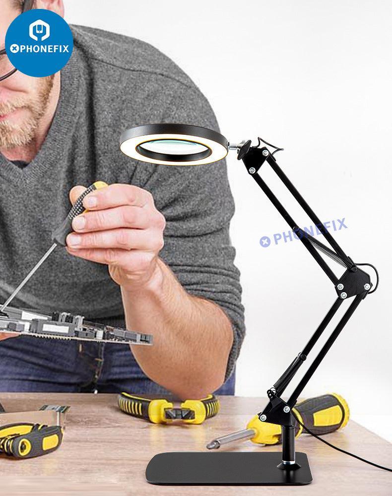 PhoneFix 30X LED lights magnifying glass with illuminated soldering magnifier lamp showing a close-up view of detailed work.