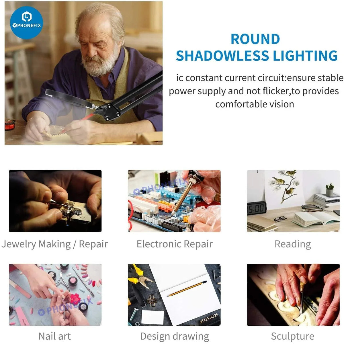PHONEFIX 30X LED lights magnifying glass with illuminated lamp, ideal for detailed soldering and precision work.