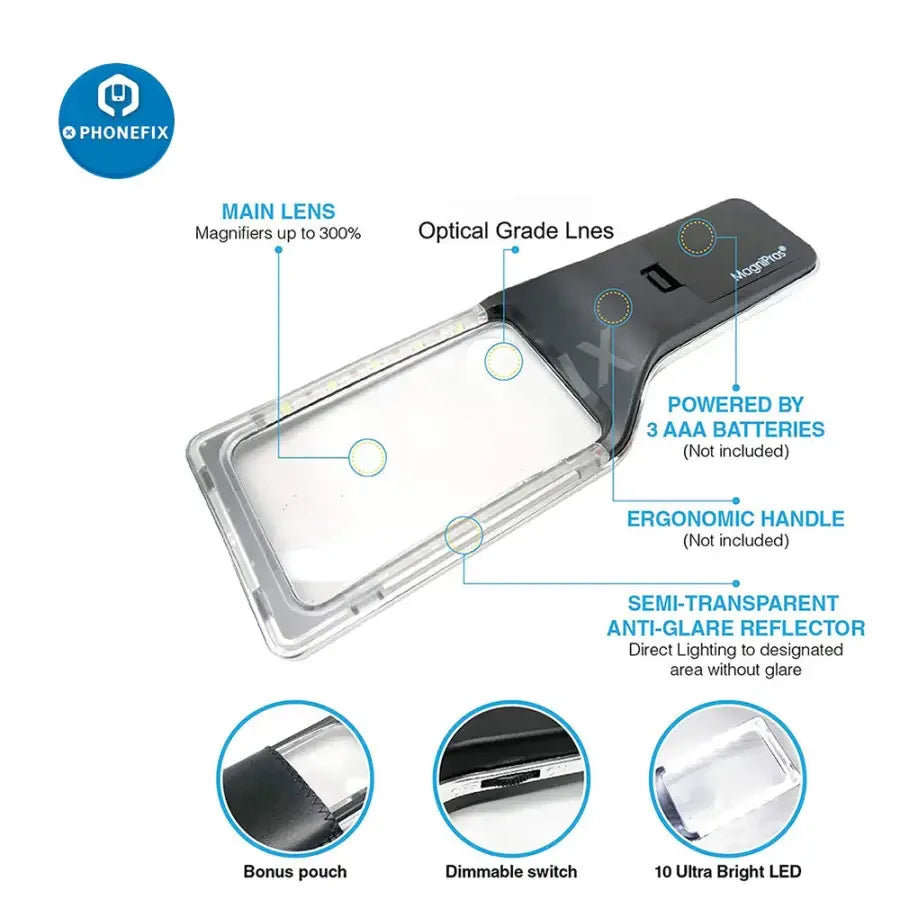PHONEFIX 3X multi-function LED lighted soldering magnifying glass for reading, inspection, and detailed work.