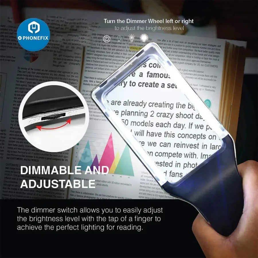 PHONEFIX 3X multi-function LED lighted soldering magnifying glass with handle for reading, inspection, and detailed soldering work.