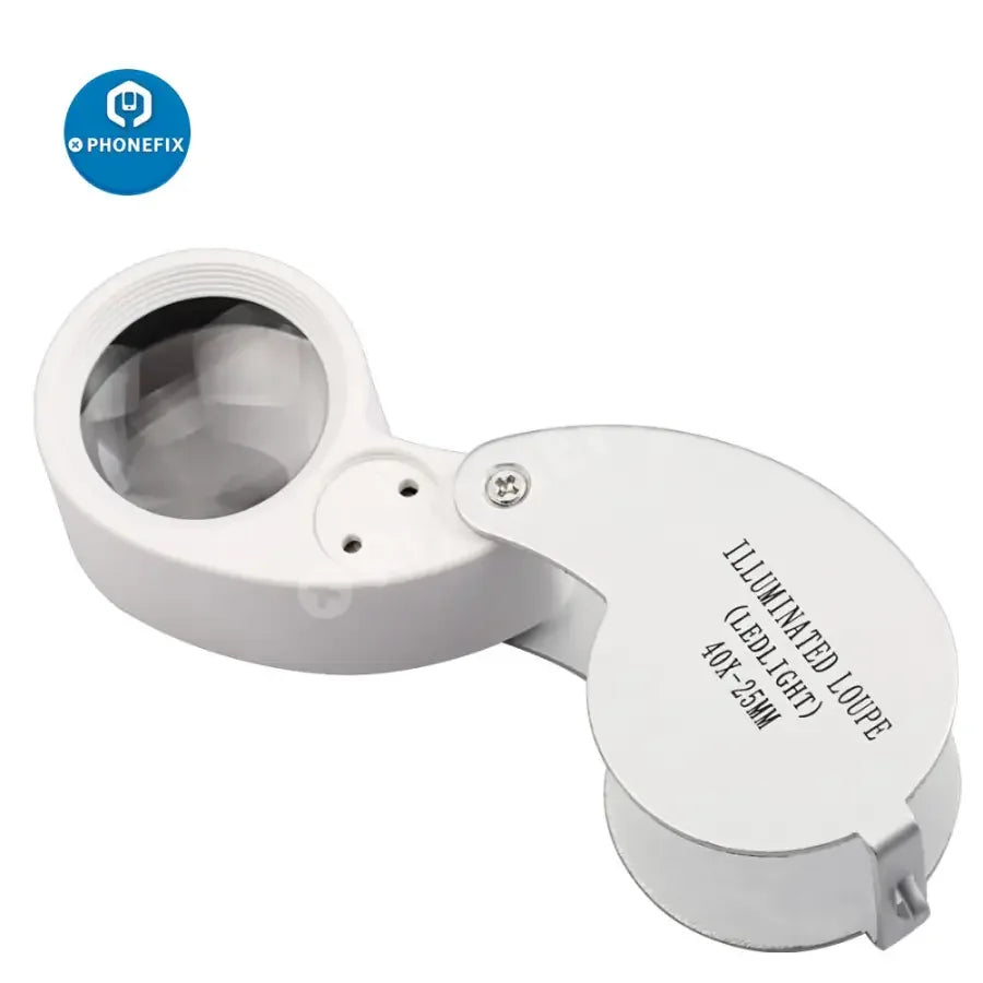 PhoneFix 40x mini folding illuminated magnifying glass, soldering loupe for antiques identification with bright LED light.