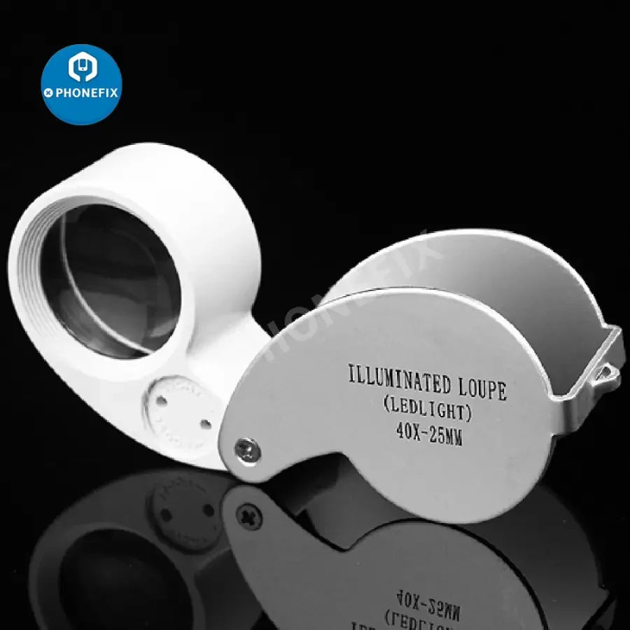 PHONEFIX 40X mini folding soldering magnifying glass with built-in light for antique identification and detailed inspection.