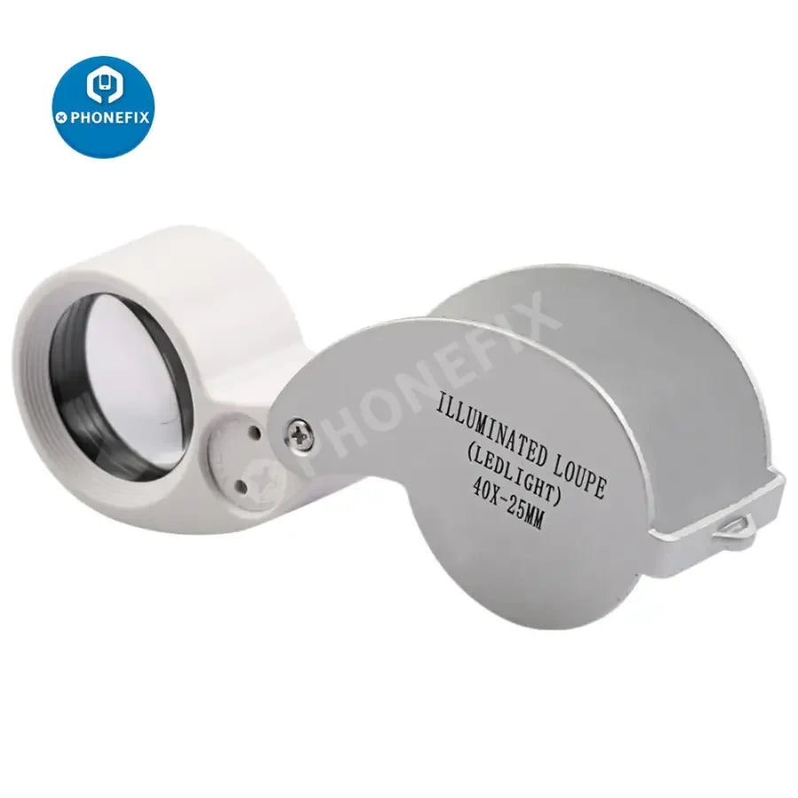 PHONEFIX 40X mini folding soldering magnifying glass with illumination, ideal for antiques identification and detailed inspection.