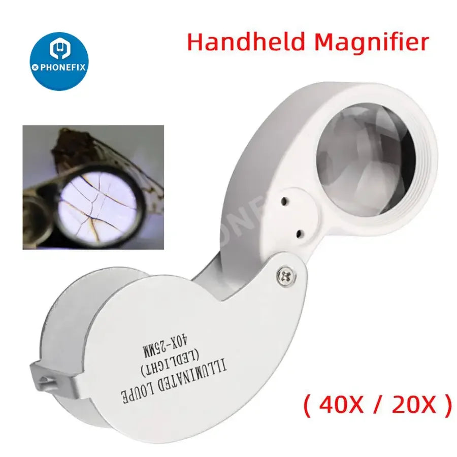 PHONEFIX 40X mini folding loupe soldering magnifying glass with built-in light for antique identification and detailed examination.