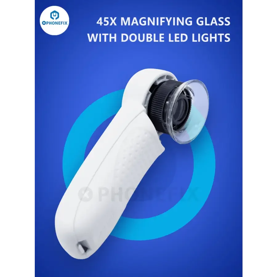 PHONEFIX 45x magnifier glass jewelry loupe with 2 LED lights, compact soldering magnifying glass for detailed inspection.