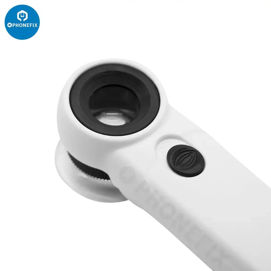 PHONEFIX 45x magnifier glass jewelry loupe with 2 LED lights, compact soldering magnifying glass for detailed inspection.
