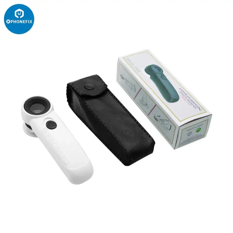 Phonefix 45x magnifier glass jewelry loupe with 2 LED lights for precise soldering and detailed inspection of small items.