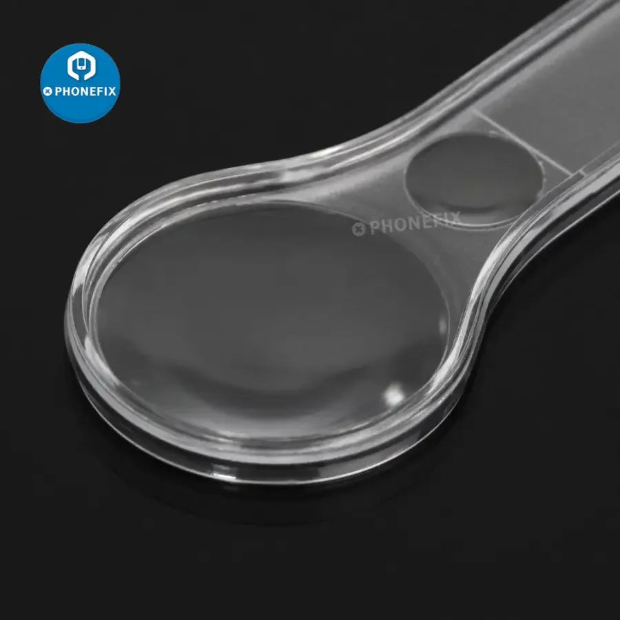 Set of 10 PHONEFIX 5-10X mini acrylic soldering magnifying glasses with transparent plastic construction for detailed inspection.
