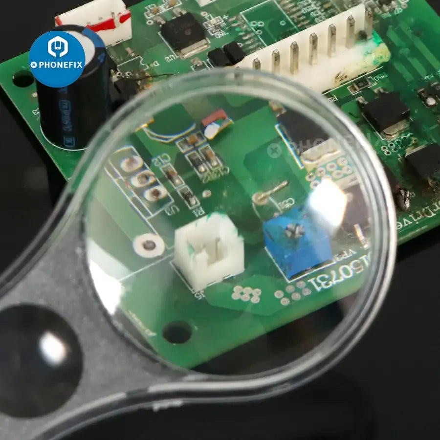 Set of 10 PHONEFIX 5-10X mini transparent acrylic soldering magnifying glasses for detailed inspection and precision work.