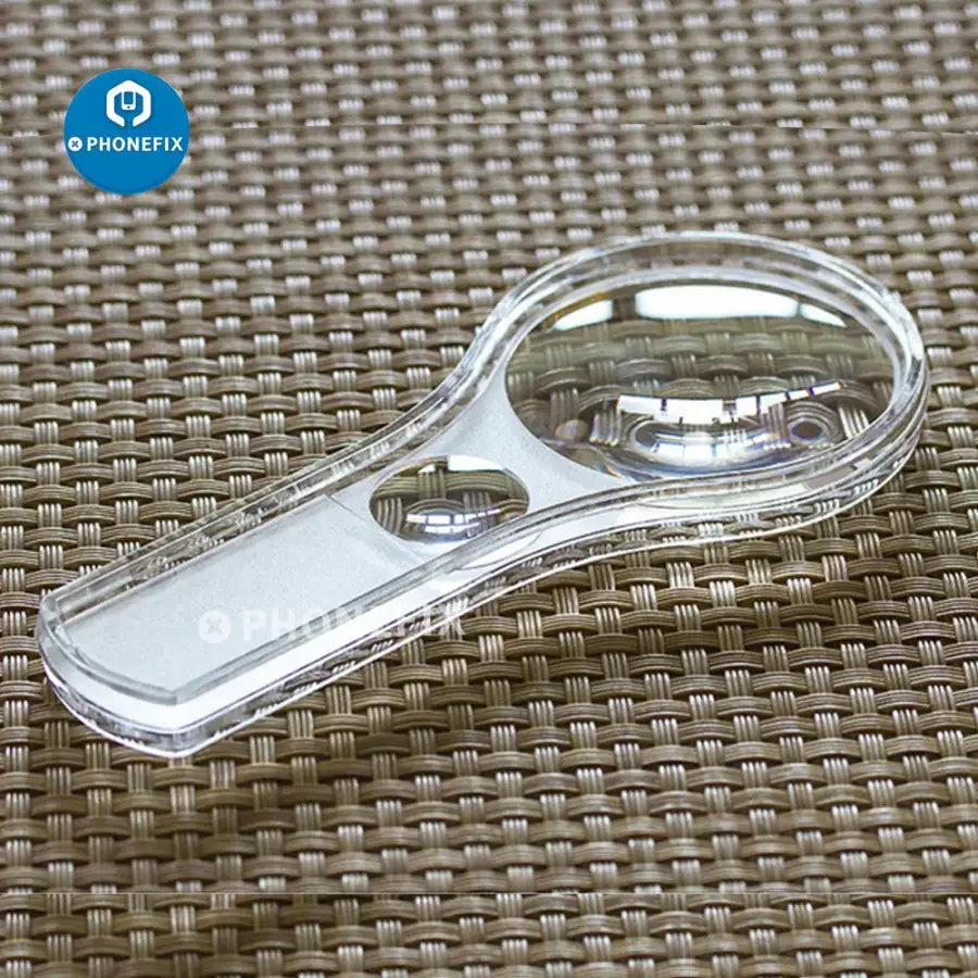 Set of 10 PHONEFIX 5-10X mini plastic acrylic soldering magnifying glasses for detailed inspection and precision work.