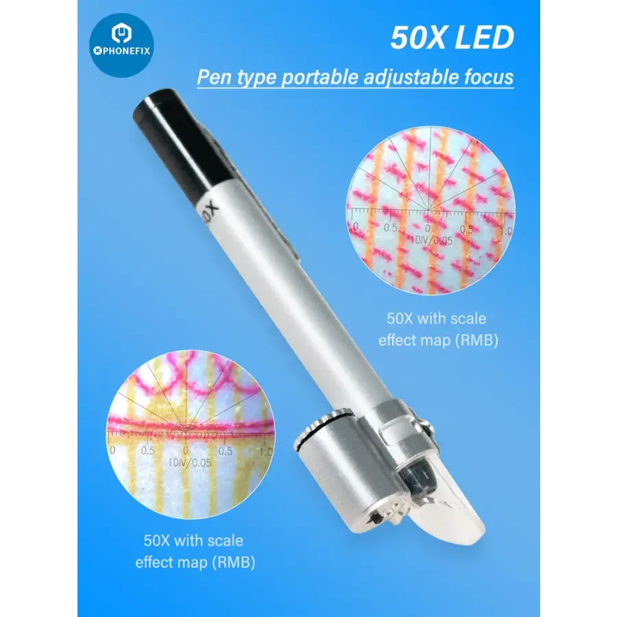 PhoneFix 50x pen-style magnifying glass with LED light, pocket scale microscope, ideal for detailed soldering and inspection tasks.