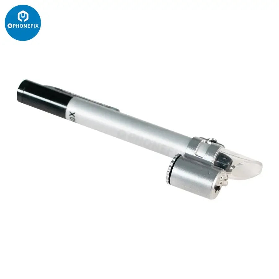 PhoneFix 50x pen-style magnifying glass with built-in light, pocket scale, and microscope loupe for detailed electronic inspection.