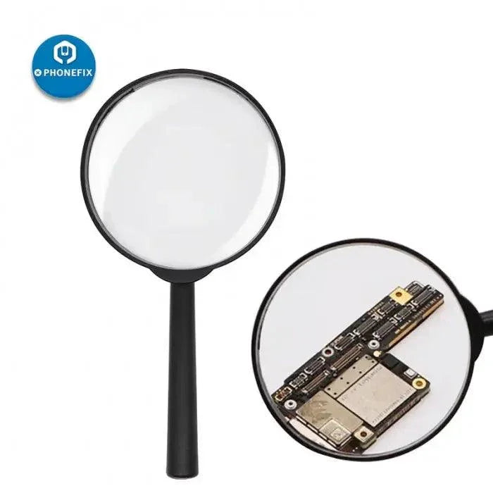 PHONEFIX 5x handheld magnifier reading loupe for jewelry and phone repair, features a compact soldering magnifying glass for detailed work.