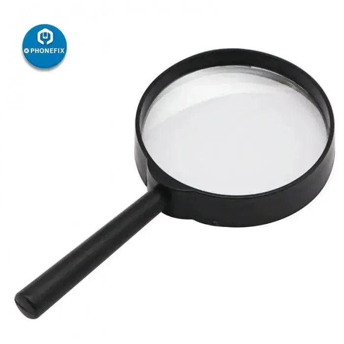 PHONEFIX 5X handheld soldering magnifying glass and jewelry reading loupe for detailed phone repair and jewelry inspection.