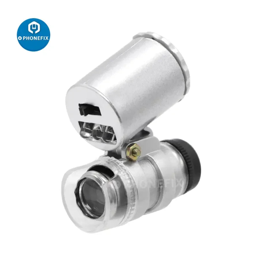 PHONEFIX 60x handheld microscope loupe with LED and UV light, perfect for detailed soldering inspections and micro-scale viewing.