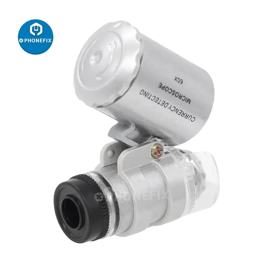 Phonefix 60x multi-function handheld microscope loupe with LED and UV light for detailed inspection and soldering tasks.
