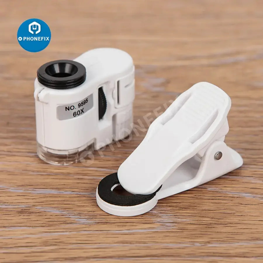 PHONEFIX 60X portable clip-on soldering magnifying glass with LED light for precise focusing and detailed inspection.