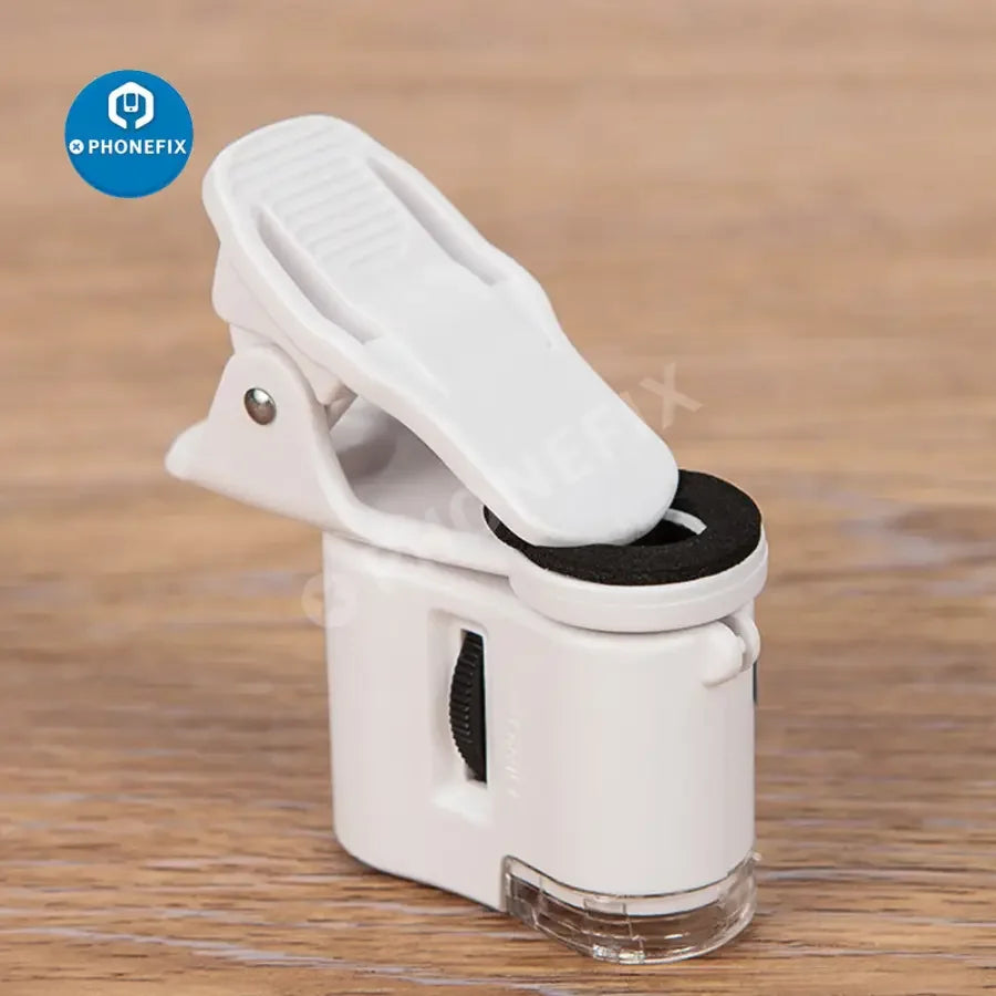 PHONEFIX 60X universal portable clip soldering magnifying glass with LED light for detailed focus and inspection.