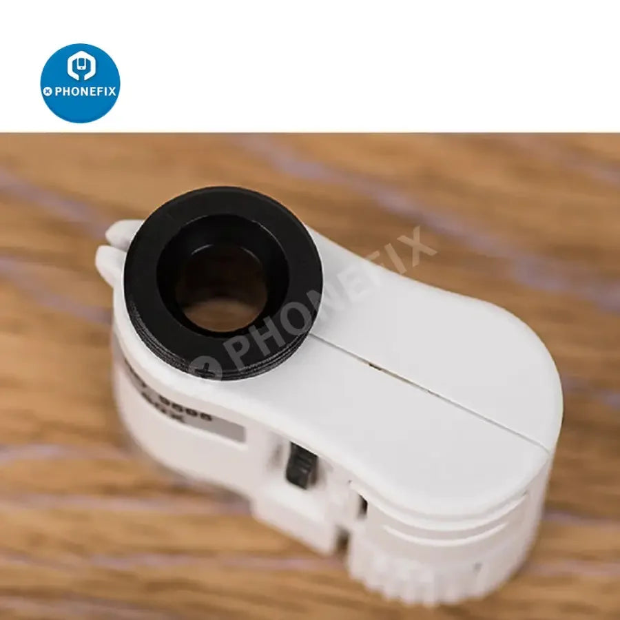 PHONEFIX 60X universal portable clip soldering magnifying glass with LED illumination and focusing for detailed electronic work.