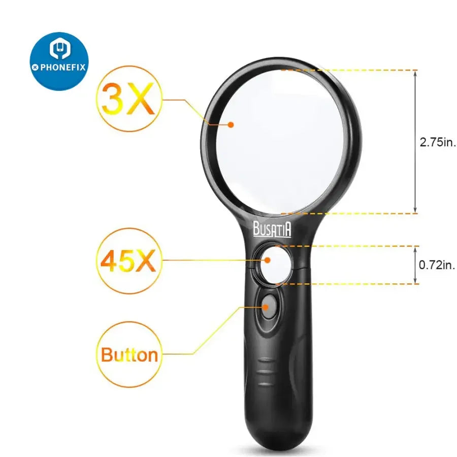 BUSATIA 3X 45X LED illuminated soldering magnifying glass for reading, jewelry, and detailed work by PHONEFIX.