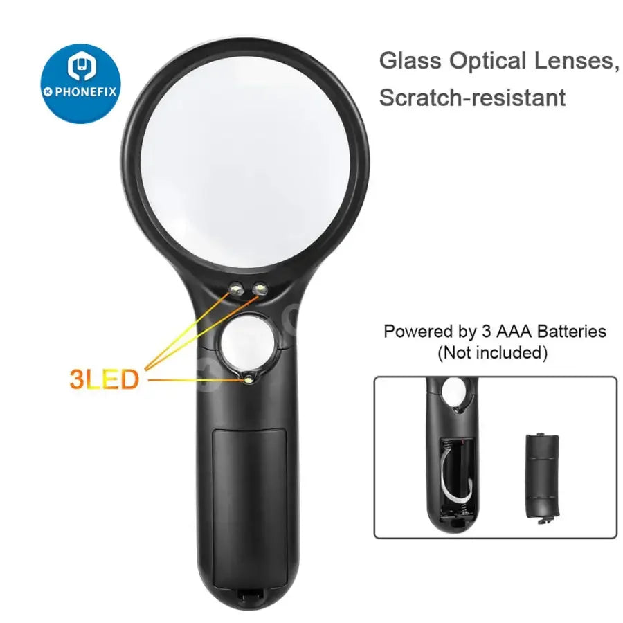 Phonefix BUSATIA 3X 45X LED illuminated soldering magnifying glass for reading, jewelry, and detailed work.