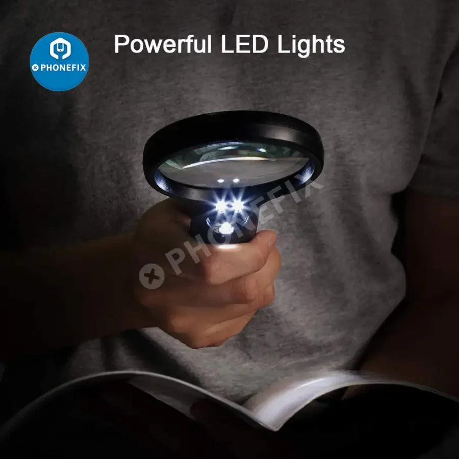 BUSATIA 3X 45X LED illuminated soldering magnifying glass by PHONEFIX, ideal for reading, soldering, and jewelry work.