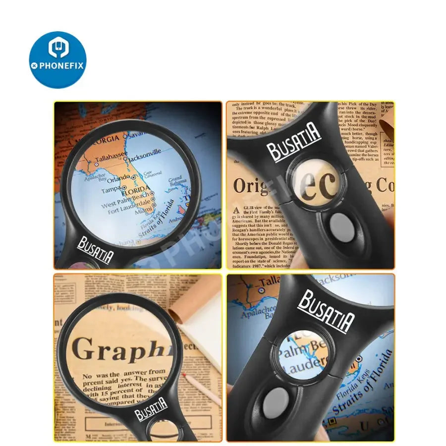 BUSATIA 3X 45X LED illuminated soldering magnifying glass by PHONEFIX, ideal for reading, soldering, and jewelry work.
