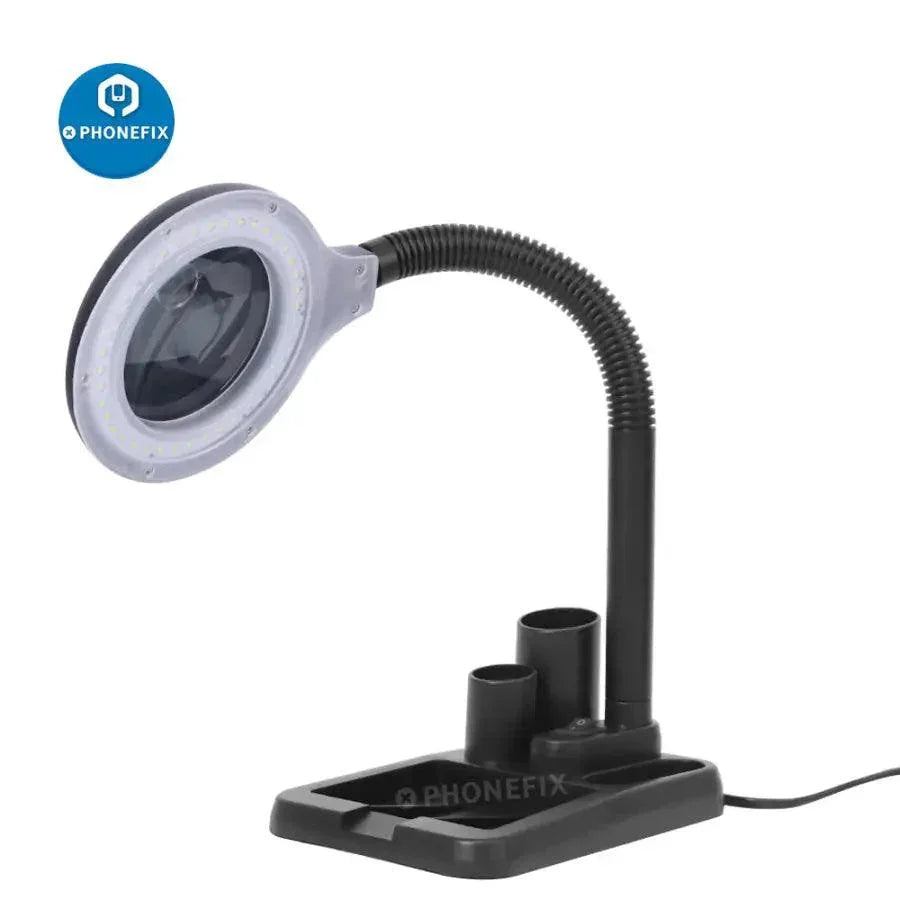 PHONEFIX desktop soldering magnifying glass with 10x HD clarity and adjustable LED lamp for detailed inspection and precision work.