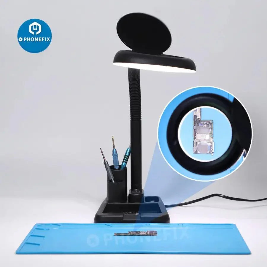 PHONEFIX desktop soldering magnifying glass with 10x HD magnification and adjustable LED lamp for detailed work.