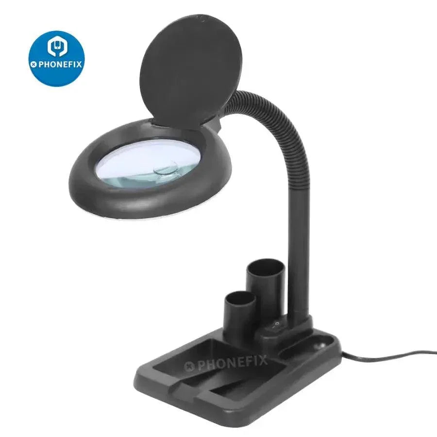 PhoneFix desktop soldering magnifying glass with 10x HD zoom and adjustable LED lamp for detailed close-up work.