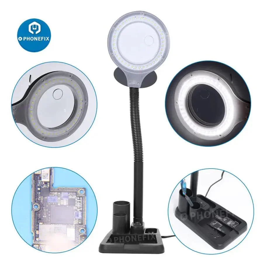 PHONEFIX desktop 10x HD soldering magnifying glass with adjustable LED lamp for detailed electronics work, shown on a workbench.