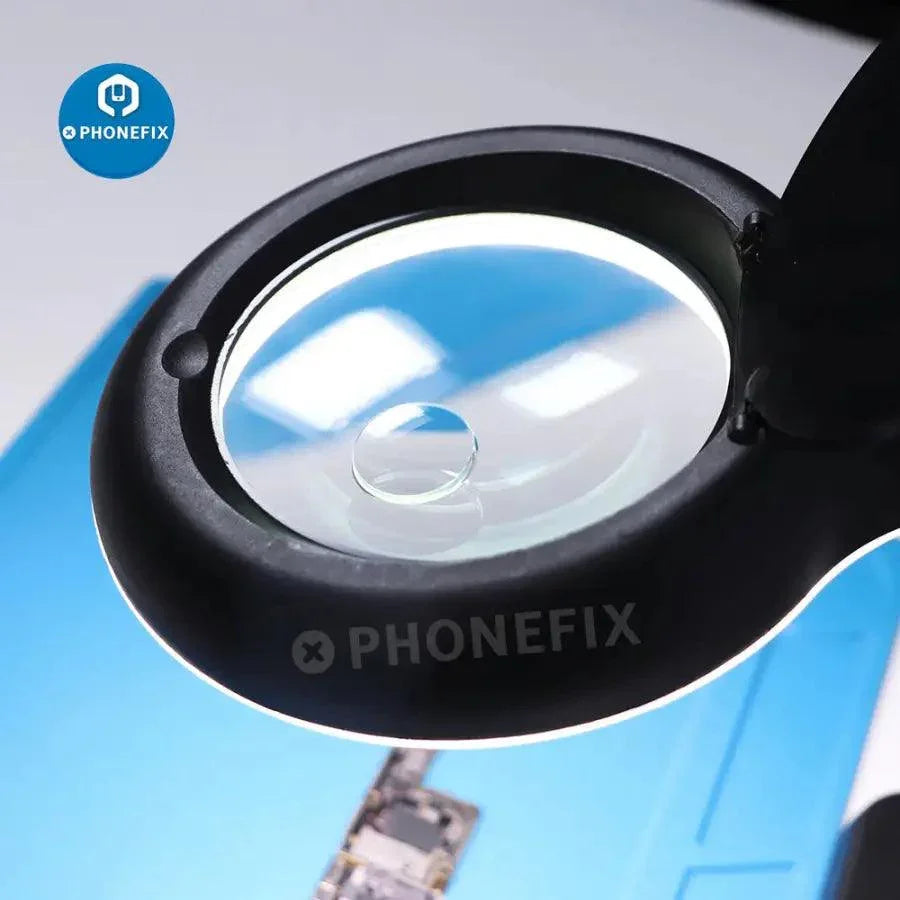 PHONEFIX desktop soldering magnifying glass with 10x HD lens and adjustable LED lamp for detailed work and precision viewing.