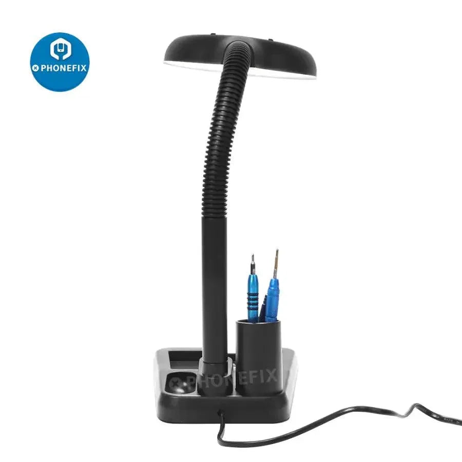 PHONEFIX Desktop 10x HD magnifying glass with adjustable LED lamp, ideal for detailed soldering and close-up work.