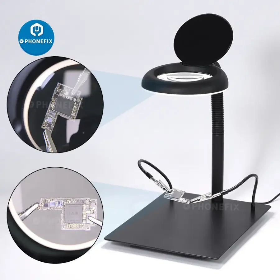 PHONEFIX desktop soldering magnifying glass with 40 LED lamp and 18W magnifier light for PCB repair and illuminating electronics work.