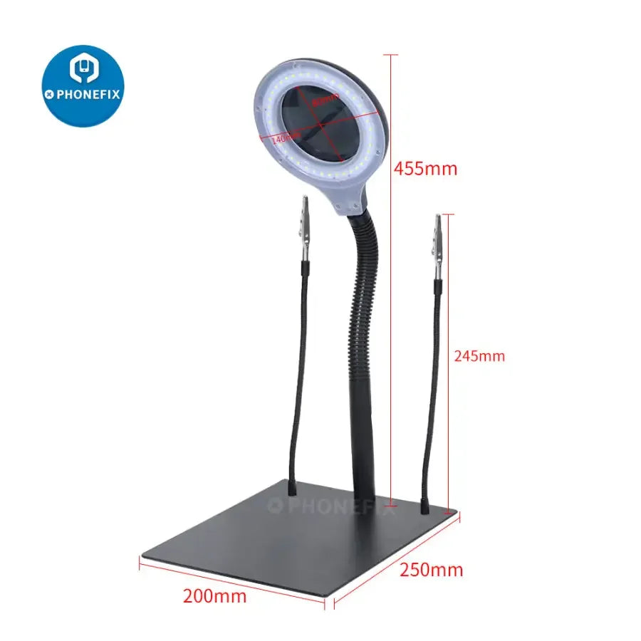 Phonefix desktop soldering magnifying glass with 40 LED lamp and 18W magnifier light for PCB illuminating and repair tasks.