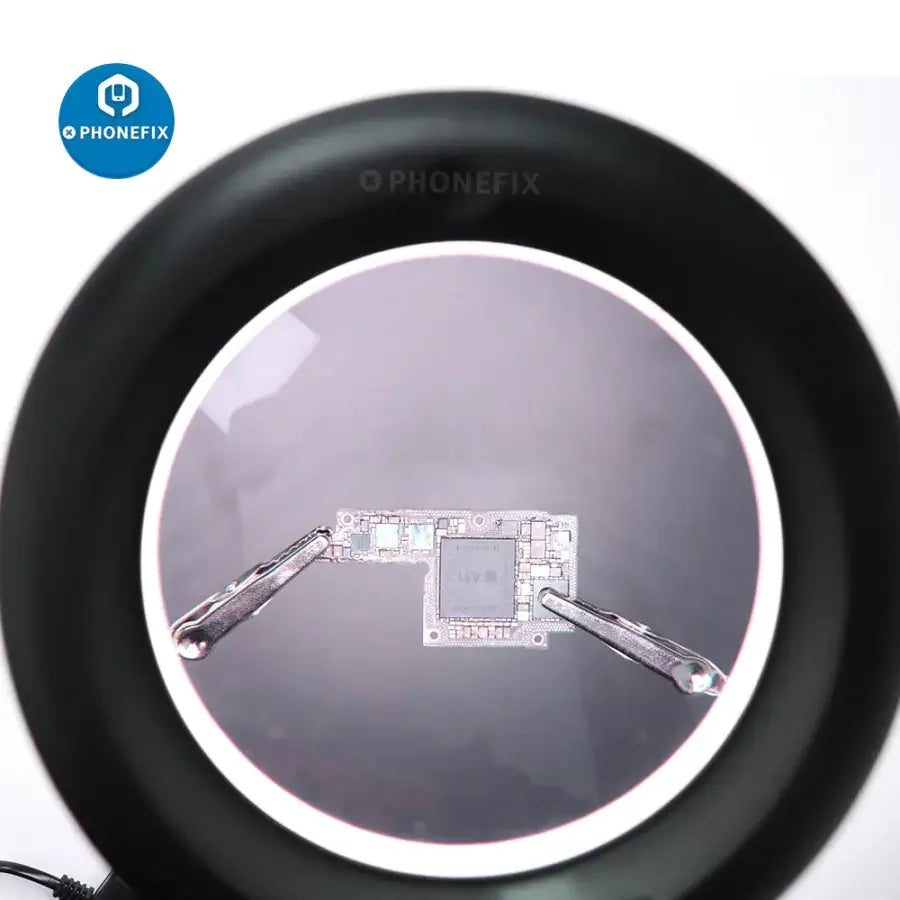 PhoneFix desktop soldering magnifying glass with 18W LED light and 40 LEDs for PCB repair and detailed electronic work.