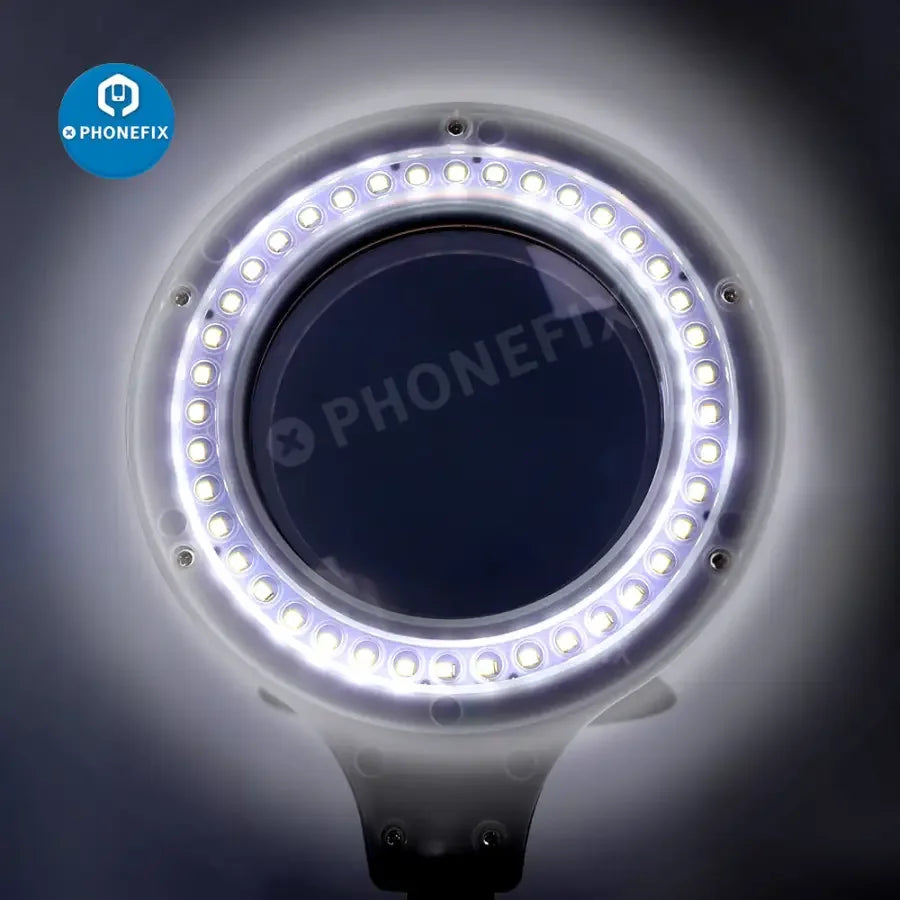 PhoneFix desktop 18W soldering magnifying glass with 40 LED lamp for PCB illumination and repair tasks.