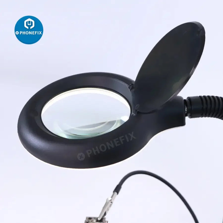 PhoneFix desktop 18W magnifier light with 40 LED bulbs, soldering magnifying glass for PCB repair and detailed illumination.