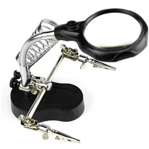 PHONEFIX LED magnifier soldering iron stand with built-in magnifying glass for precise electronics work and soldering assistance.