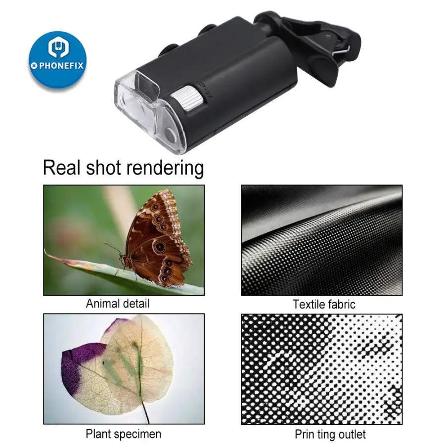 PHONEFIX Mini Phone Clip Microscope with 60X magnification, LED UV light, compact soldering magnifying glass for detailed inspection