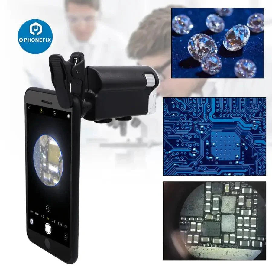 PhoneFix mini phone clip microscope with 60X magnification, LED and UV light, compact soldering magnifying glass for detailed inspections.