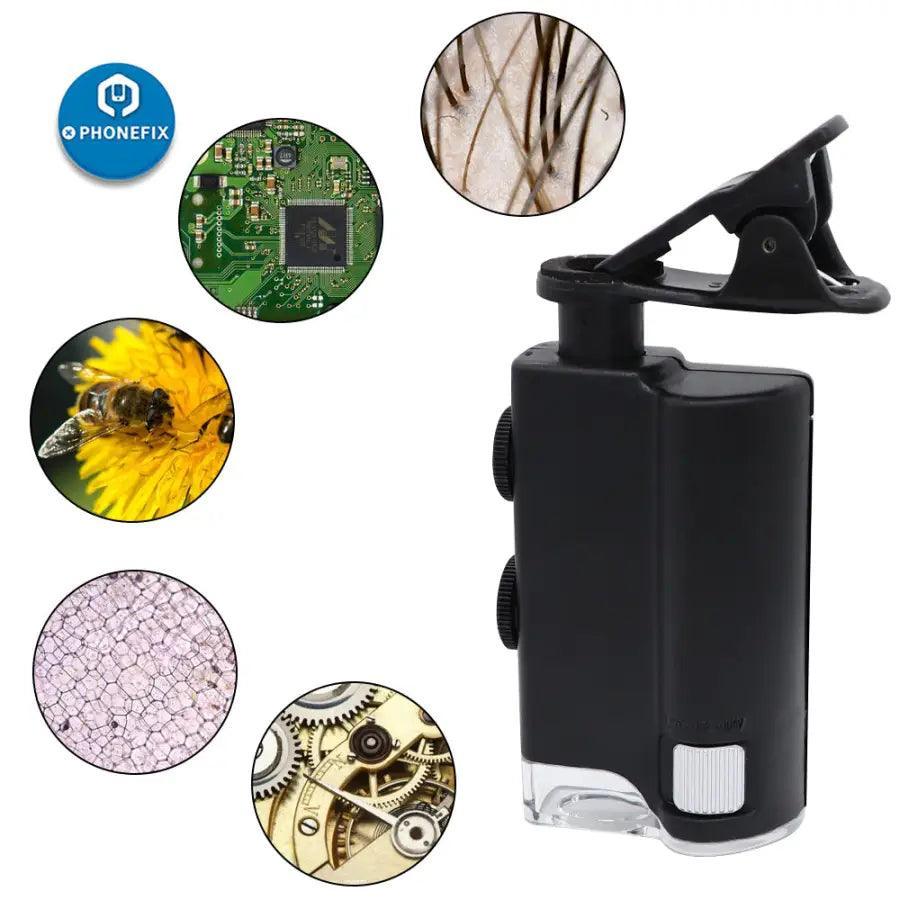 PHONEFIX Mini Phone Clip Microscope with 60X magnification, LED UV light, and pocket-sized design for soldering and detailed inspection.