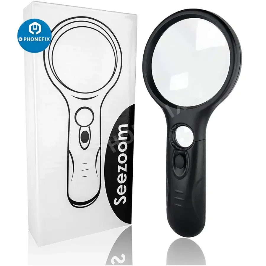 SeeZoom 3X 45X lighted soldering magnifying glass by PHONEFIX, ideal for reading, jewelry, and detailed inspection.
