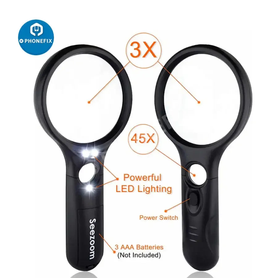 SeeZoom 3X 45X lighted soldering magnifying glass for reading, jewelry, and soldering tasks, by PHONEFIX.