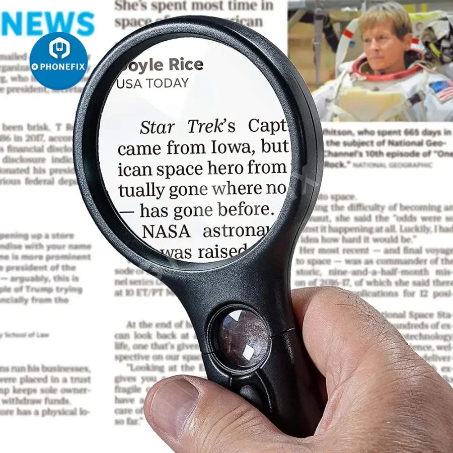 Phonefix SeeZoom 3X 45X lighted soldering magnifying glass for reading, jewelry, and electronics inspection.